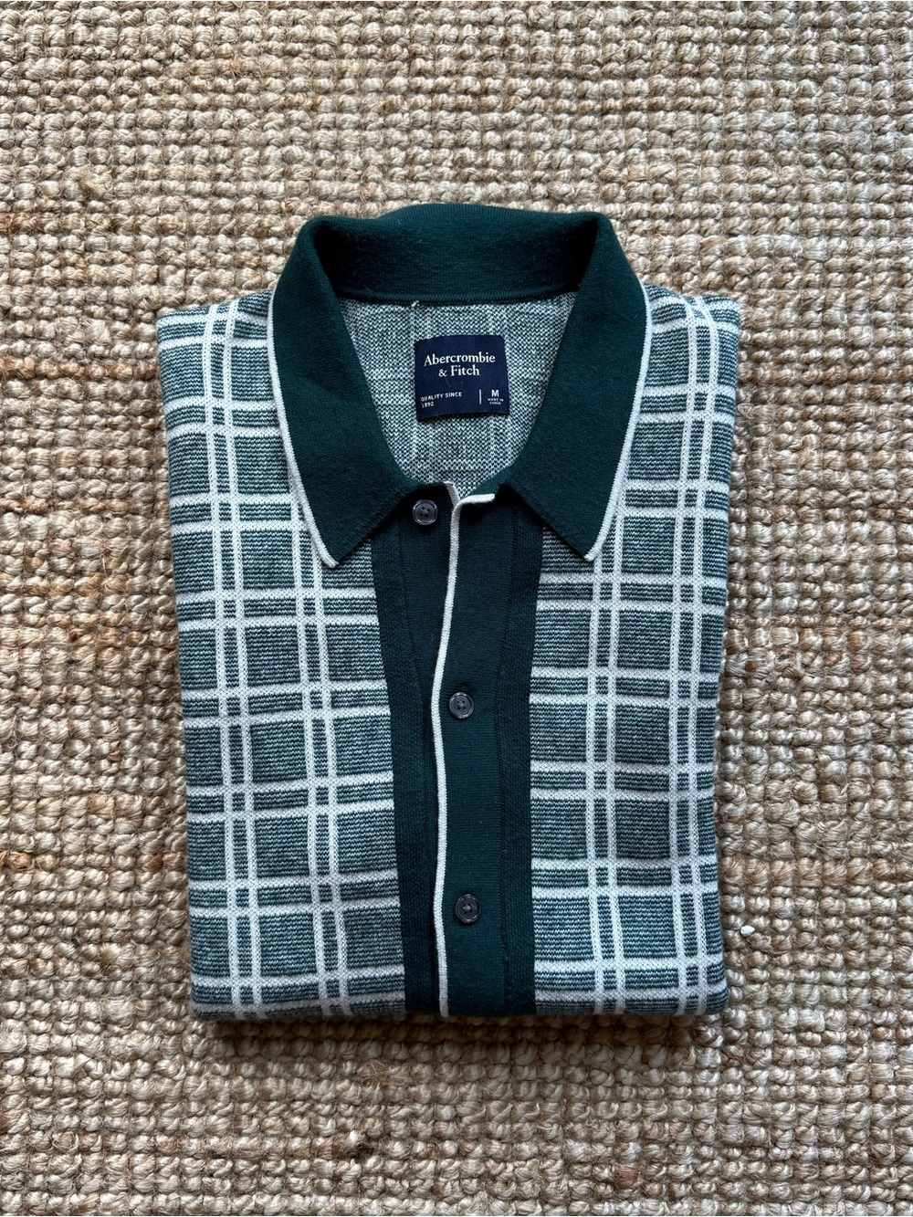 Abercrombie & Fitch Dark Green and Cream Plaid Knit Polo